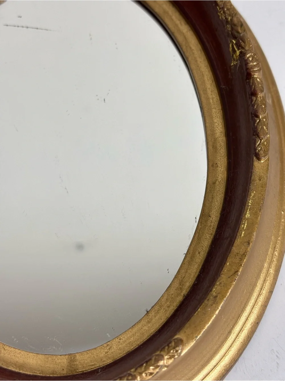 Small vintage oval wall mirror-gold /garnet red